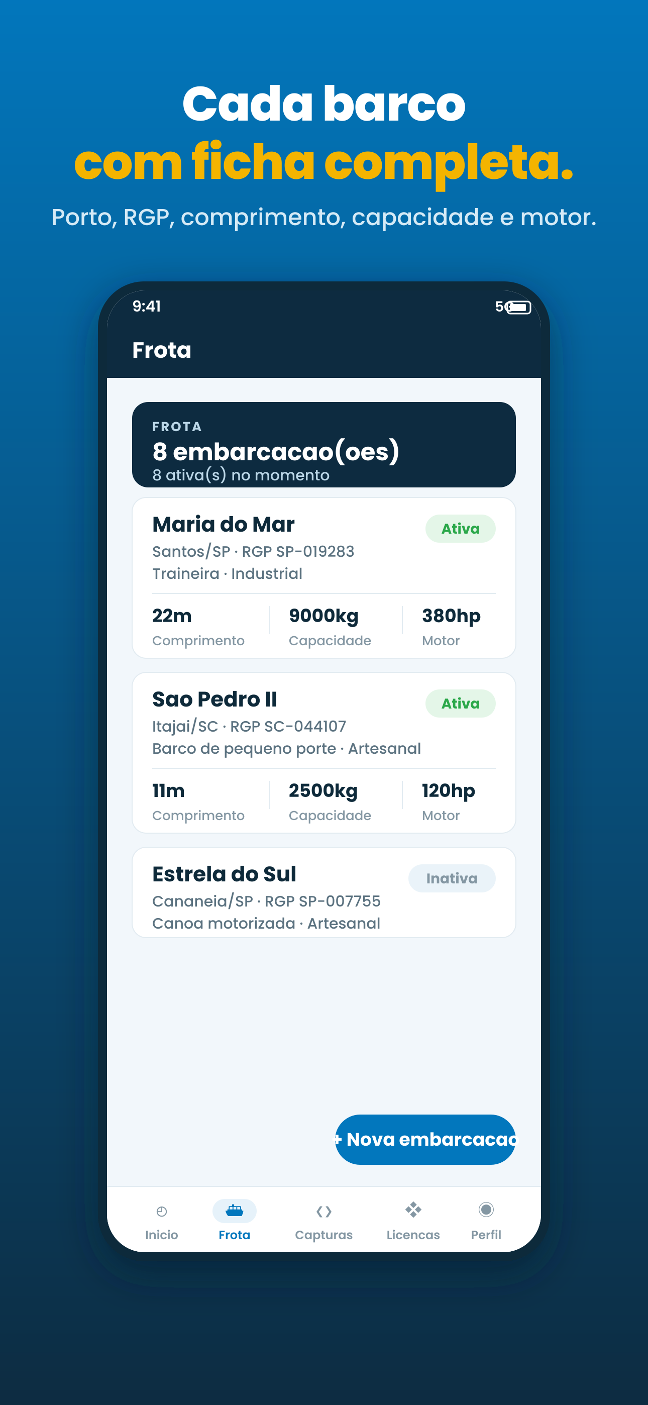 Tela da frota do Rumo Pesca: embarcações com porto, RGP, tipo, comprimento, capacidade e motor (dados de demonstração)